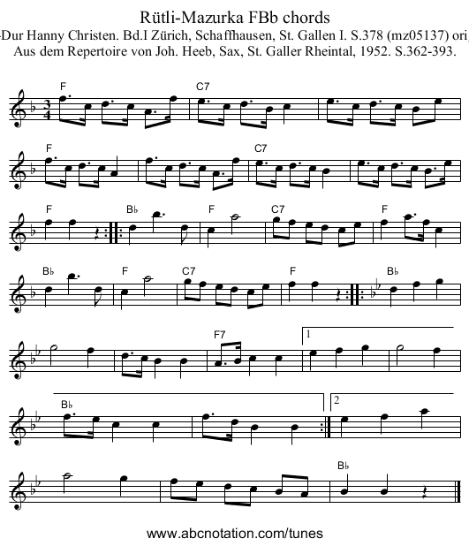 R&uuml;tli-Mazurka FBb chords - staff notation