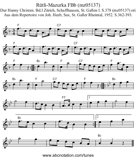 R&uuml;tli-Mazurka FBb (mz05137) - staff notation