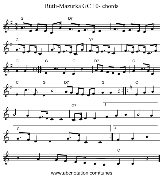 R&uuml;tli-Mazurka GC 10- chords - staff notation