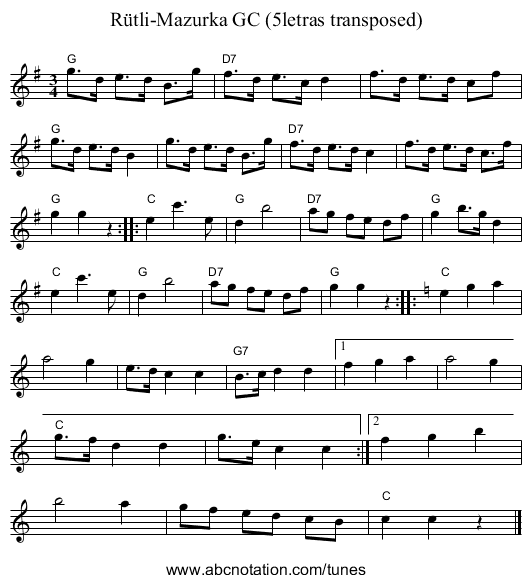 R&uuml;tli-Mazurka GC (5letras transposed) - staff notation