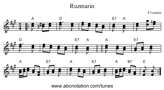 Ruzmarin - staff notation