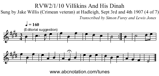 RVW2/1/10 Villikins And His Dinah - staff notation