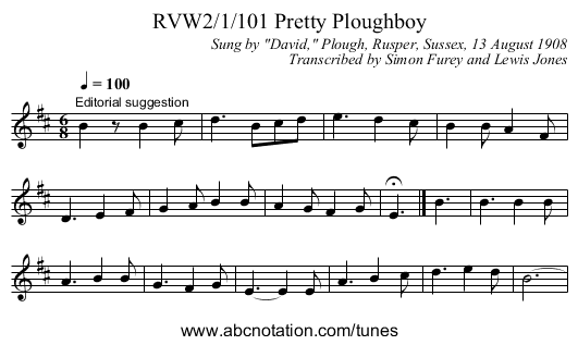 RVW2/1/101 Pretty Ploughboy - staff notation