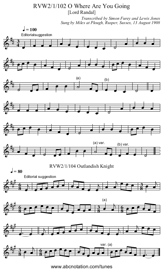 RVW2/1/102 O Where Are You Going - staff notation