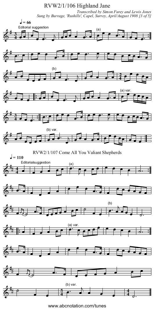 RVW2/1/106 Highland Jane - staff notation