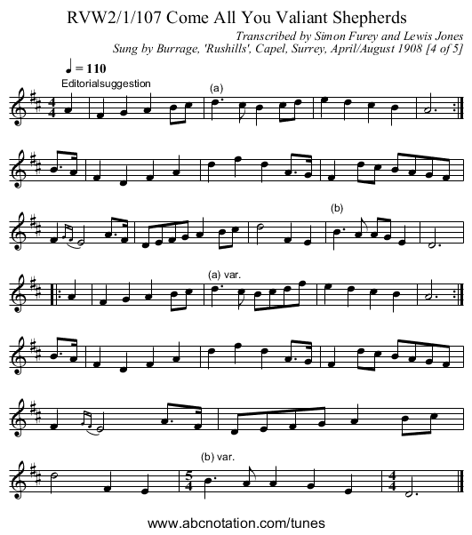 RVW2/1/107 Come All You Valiant Shepherds - staff notation
