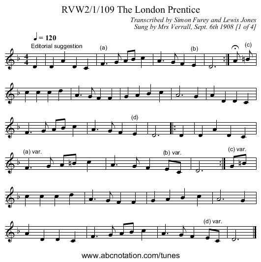 RVW2/1/109 The London Prentice - staff notation