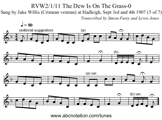 RVW2/1/11 The Dew Is On The Grass-0 - staff notation