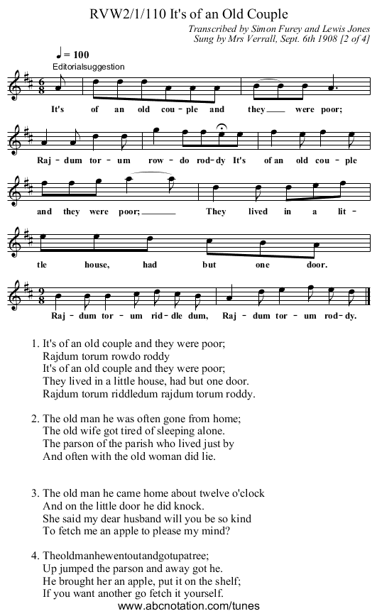 RVW2/1/110 It's of an Old Couple - staff notation