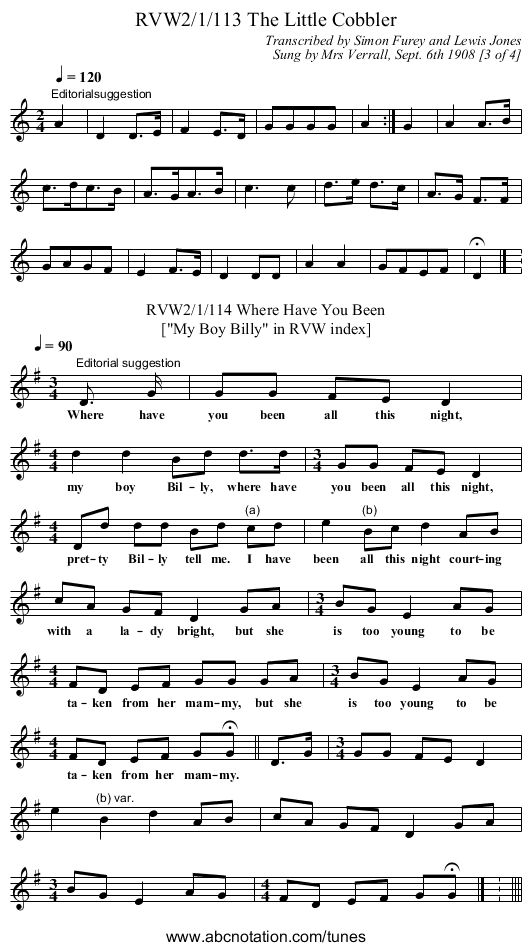 RVW2/1/113 The Little Cobbler - staff notation