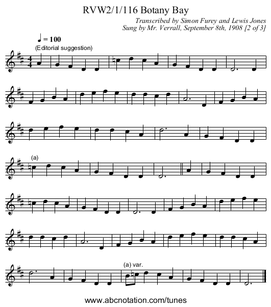 RVW2/1/116 Botany Bay - staff notation