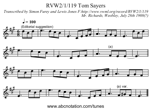 RVW2/1/119 Tom Sayers - staff notation