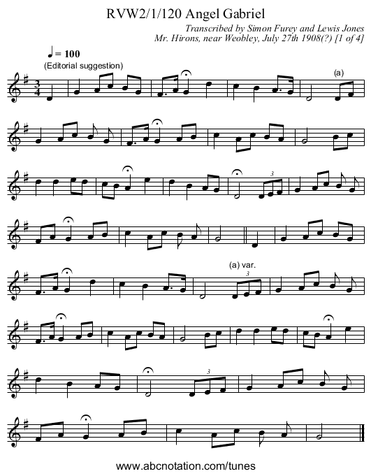 RVW2/1/120 Angel Gabriel - staff notation