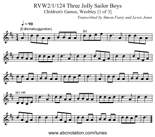 RVW2/1/124 Three Jolly Sailor Boys - staff notation