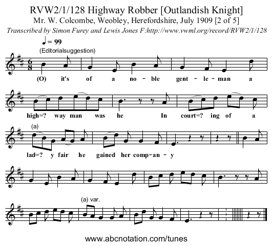 RVW2/1/128 Highway Robber [Outlandish Knight] - staff notation
