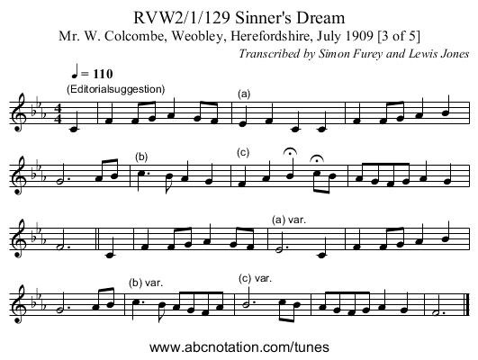 RVW2/1/129 Sinner's Dream - staff notation