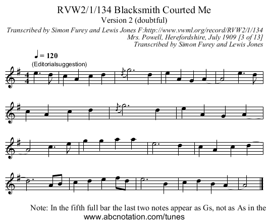 RVW2/1/134 Blacksmith Courted Me - staff notation
