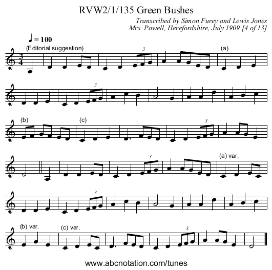 RVW2/1/135 Green Bushes - staff notation
