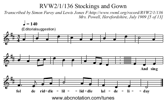 RVW2/1/136 Stockings and Gown - staff notation
