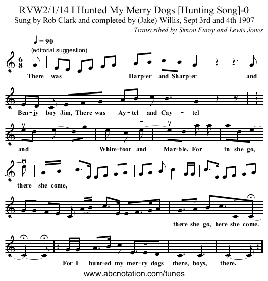 RVW2/1/14 I Hunted My Merry Dogs [Hunting Song]-0 - staff notation