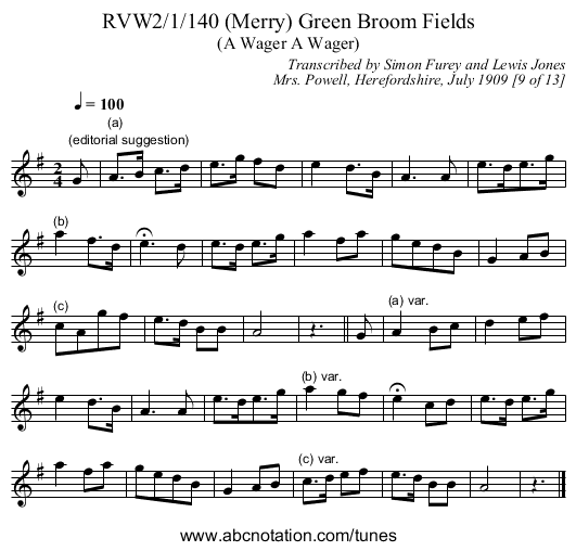 RVW2/1/140 (Merry) Green Broom Fields - staff notation