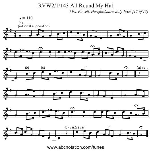 RVW2/1/143 All Round My Hat - staff notation