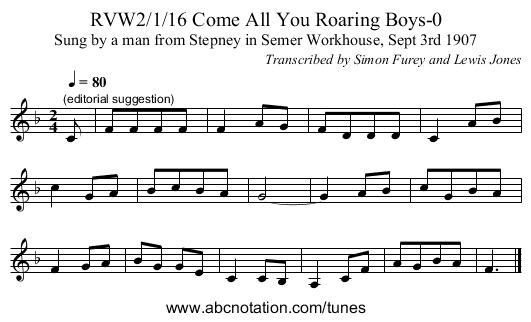 RVW2/1/16 Come All You Roaring Boys-0 - staff notation