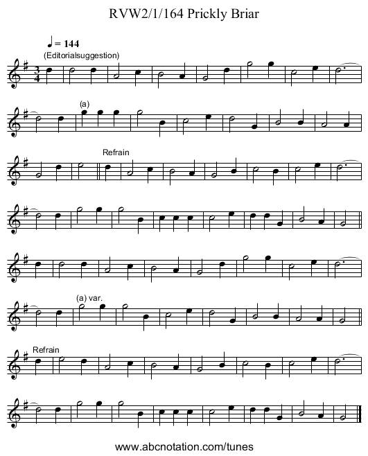 RVW2/1/164 Prickly Briar - staff notation