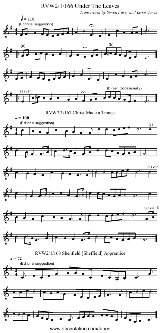 RVW2/1/166 Under The Leaves - staff notation