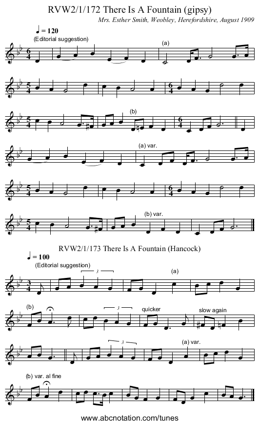 RVW2/1/172 There Is A Fountain (gipsy) - staff notation