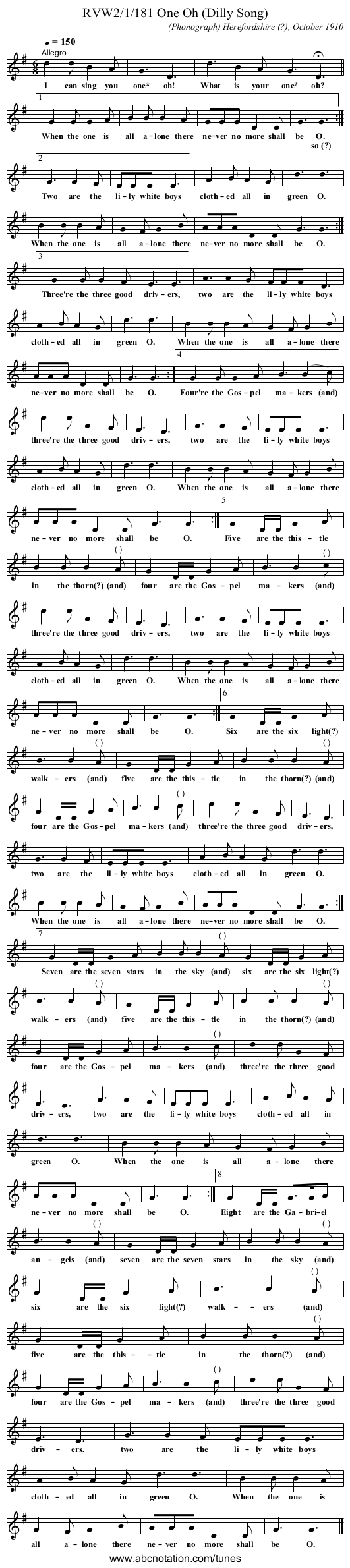 RVW2/1/181 One Oh (Dilly Song) - staff notation