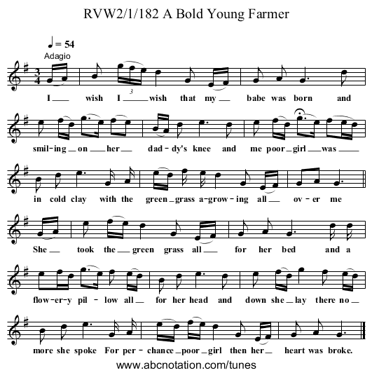 RVW2/1/182 A Bold Young Farmer - staff notation