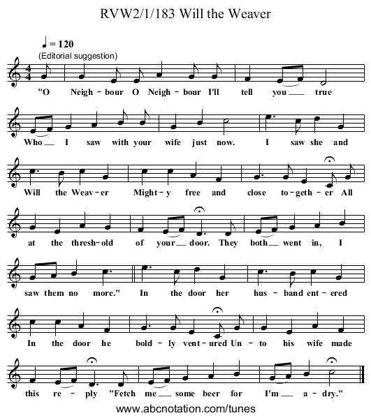 RVW2/1/183 Will the Weaver - staff notation