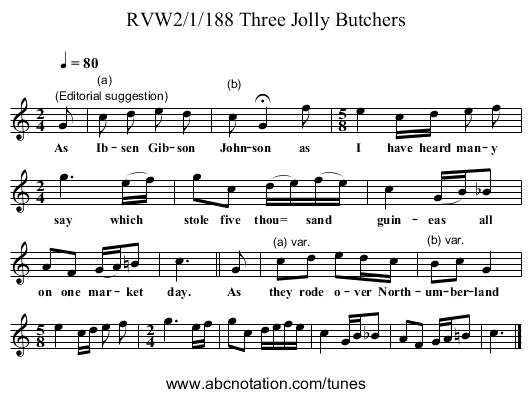 RVW2/1/188 Three Jolly Butchers - staff notation