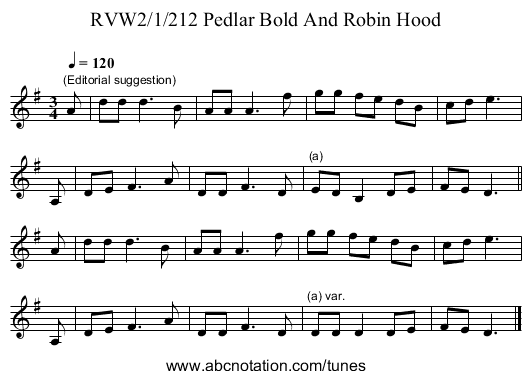 RVW2/1/212 Pedlar Bold And Robin Hood - staff notation