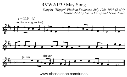 RVW2/1/39 May Song - staff notation