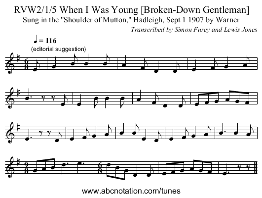 RVW2/1/5 When I Was Young [Broken-Down Gentleman] - staff notation