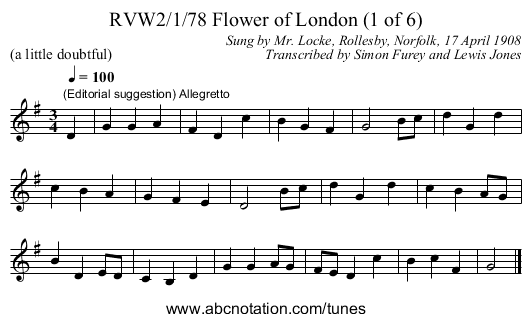 RVW2/1/78 Flower of London (1 of 6) - staff notation