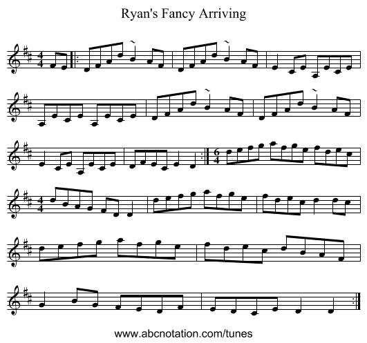 Ryan's Fancy Arriving - staff notation