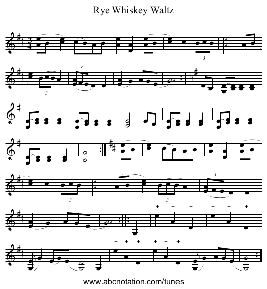 Rye Whiskey Waltz - staff notation