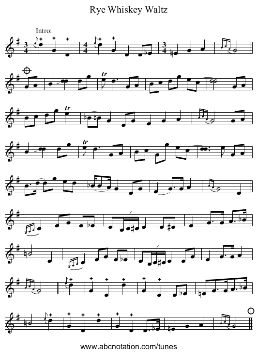 Rye Whiskey Waltz - staff notation