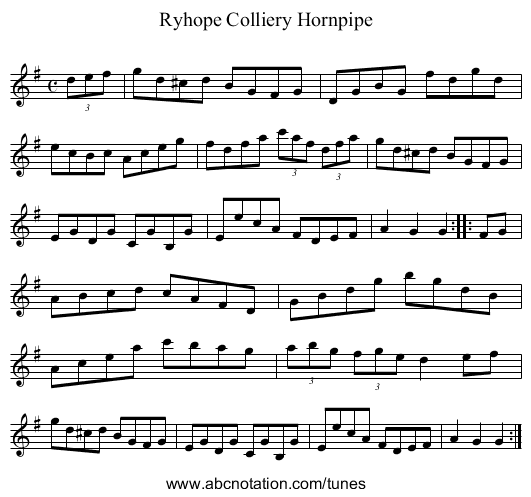 Ryhope Colliery Hornpipe - staff notation
