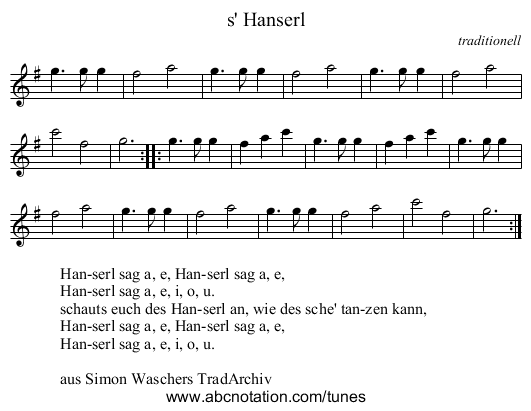 s' Hanserl - staff notation
