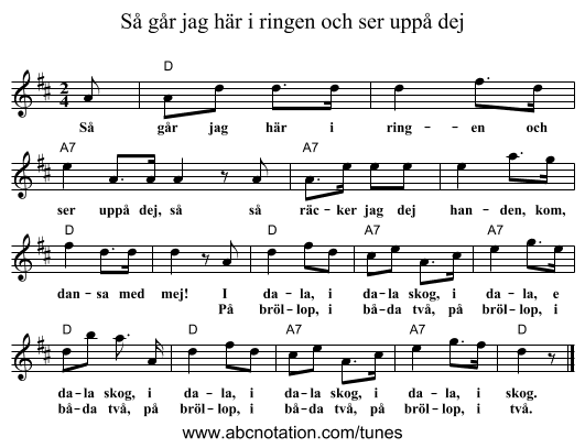 S&aring; g&aring;r jag h&auml;r i ringen och ser upp&aring; dej - staff notation