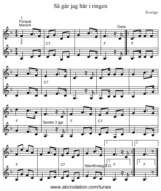 Så går jag här i ringen - staff notation