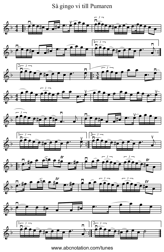 Så gingo vi till Pumaren - staff notation