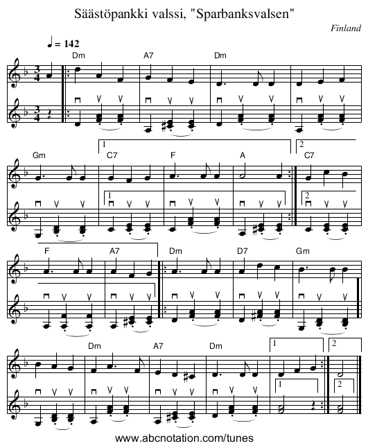 Säästöpankki valssi, Sparbanksvalsen - staff notation