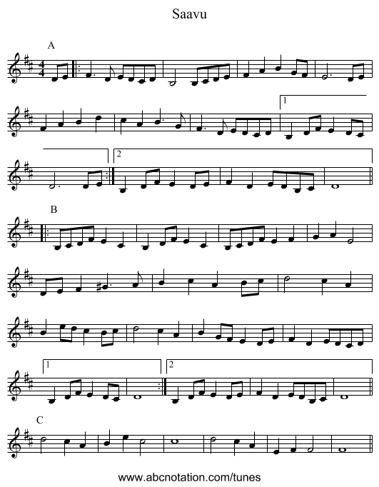 Saavu - staff notation