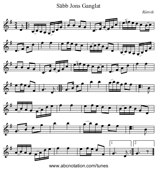 S&auml;bb Jons G&auml;ngl&auml;t - staff notation