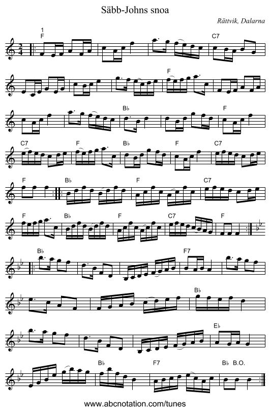 Säbb-Johns snoa - staff notation